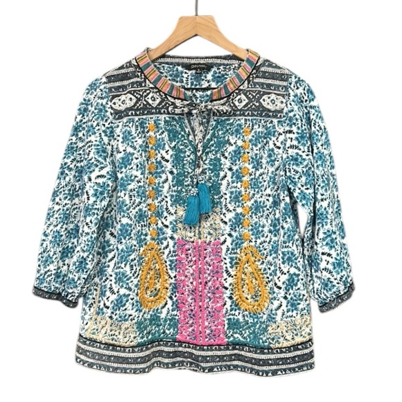 John Mark Tops - John Mark Boho Embroidered Floral 3/4 Sleeve Peasant Tunic Top Turquoise Small